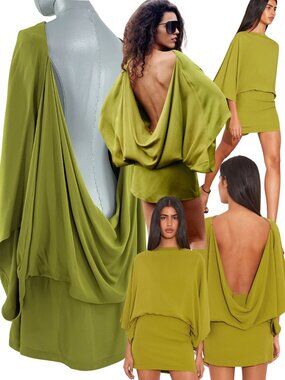 🆕 RAT & BOA 🧿 NWOT Rumi Draped Long Sleeve Cowl Back Mini Dress, Green Sz XXL
